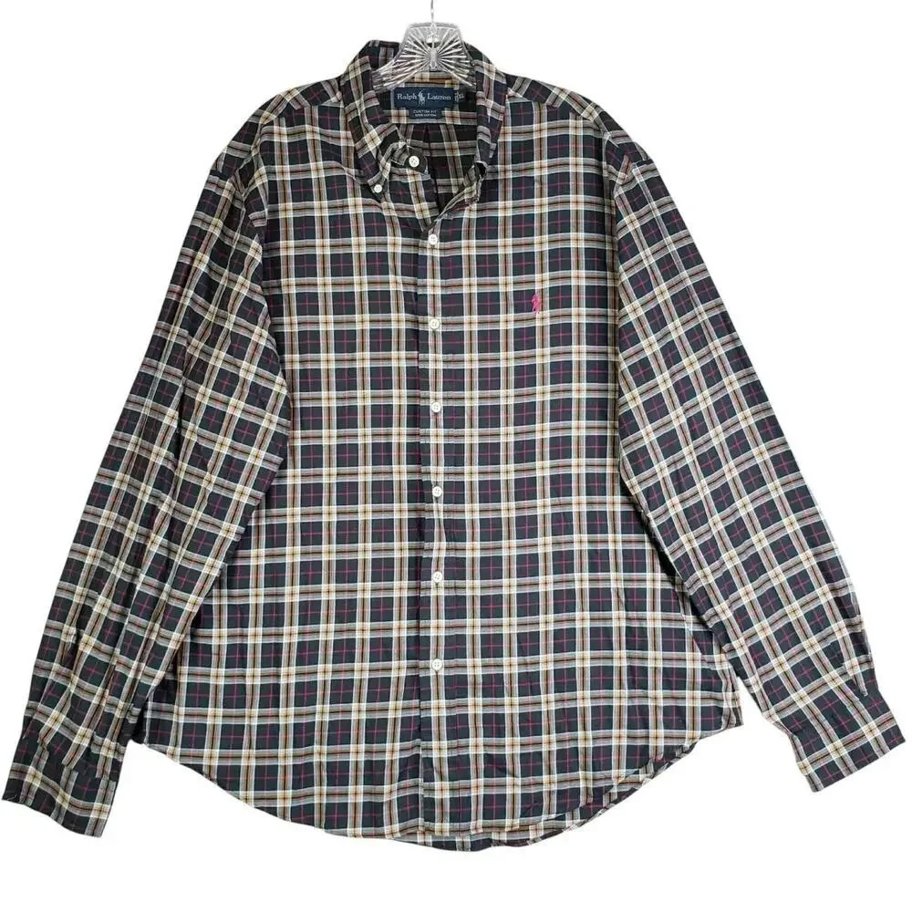 Polo Ralph Lauren Oxford Shirt Mens Size XL Black Multicolor Plaid Button Down